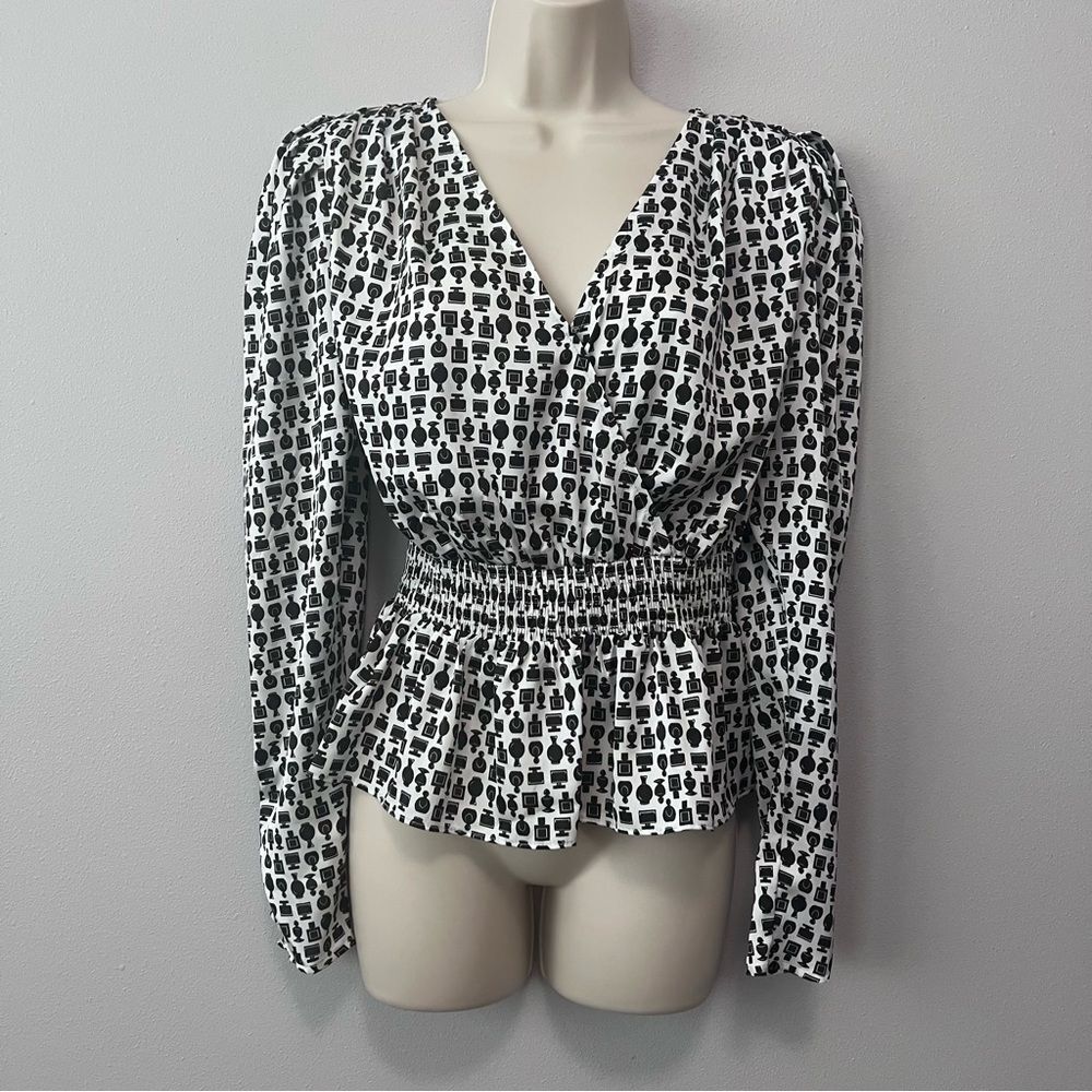 Ryegrass Perfume Bottle Print Smocked Peplum Top Size M  NWT!